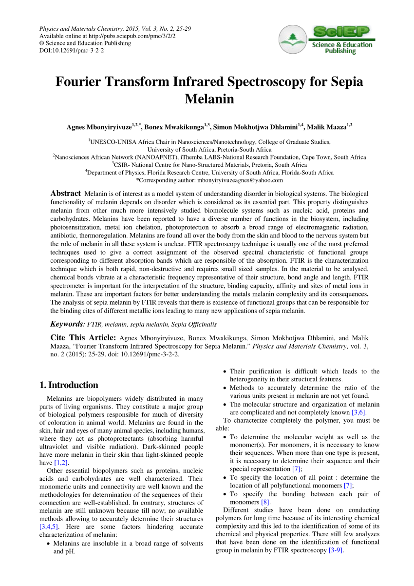 Pdf Fourier Transform Infrared Spectroscopy For Sepia Melanin