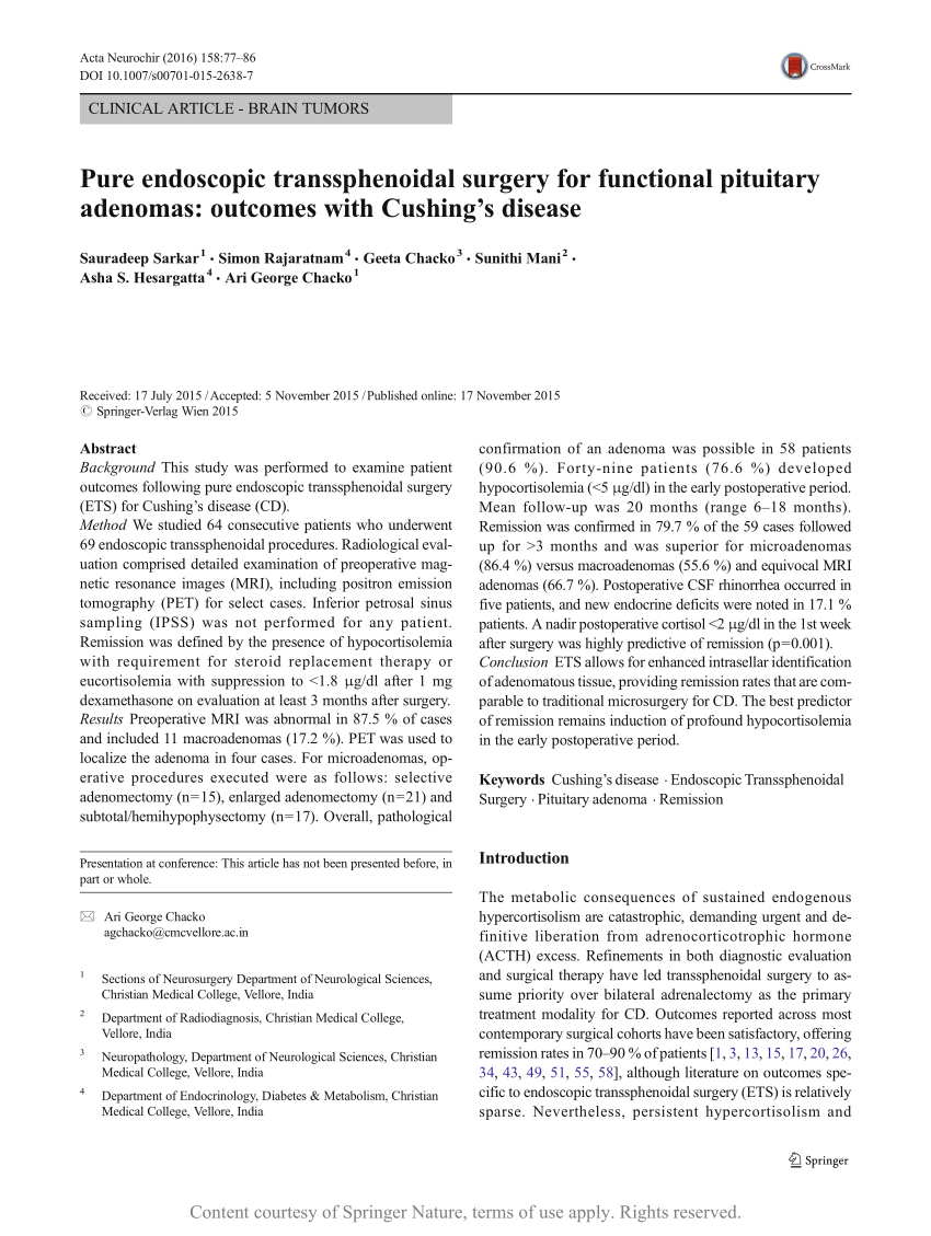 Pure Endoscopic Transsphenoidal Surgery For Functional Pituitary Adenomas Outcomes With Cushing 