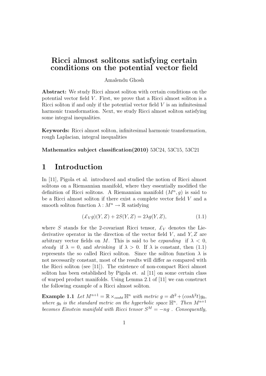 Pdf Ricci Almost Solitons Satisfying Certain Conditions On The Potential Vector Field