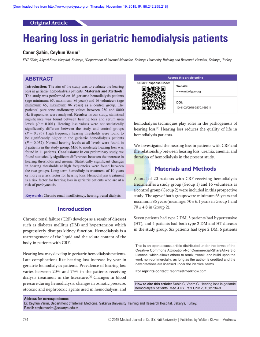 Pdf Hearing Loss In Geriatric Hemodialysis Patients