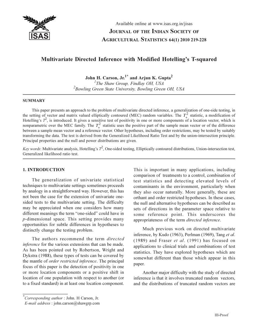 Pdf Multivariate Directed Inference With Modified Hotelling S T Squared