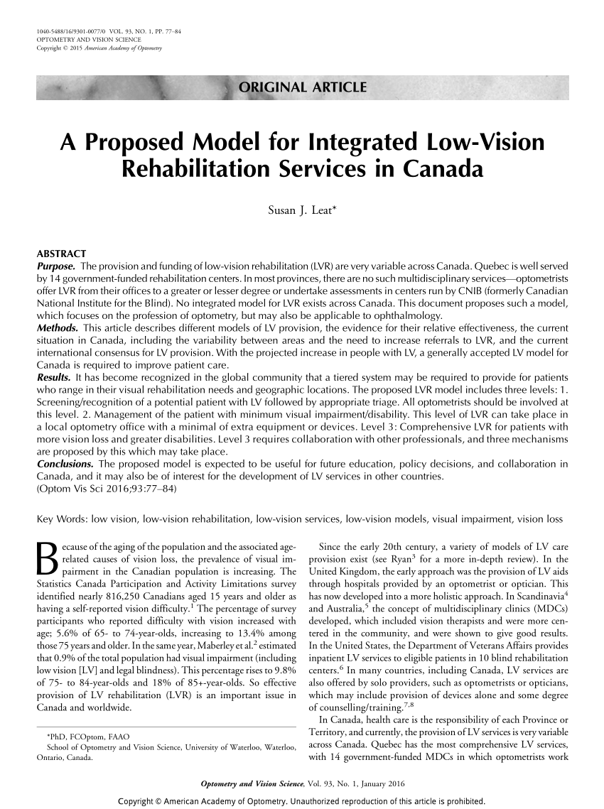Pdf A Proposed Model For Integrated Low-vision Rehabilitation Services In Canada