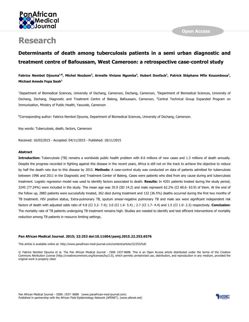 Pdf Determinants Of Death Among Tuberculosis Patients In A Semi Urban Diagnostic And Treatment Centre Of Bafoussam West Cameroon A Retrospective Case Control Study