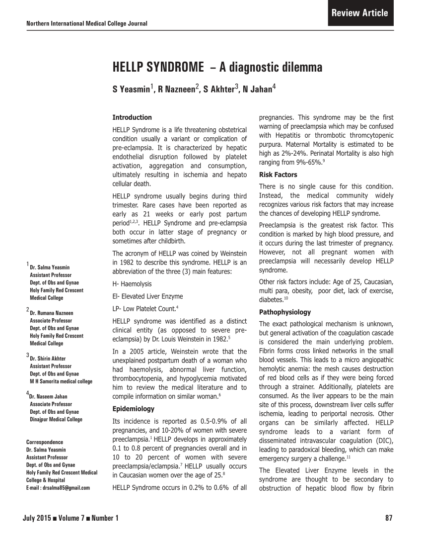 Pdf Hellp Syndrome A Diagnostic Dilemma