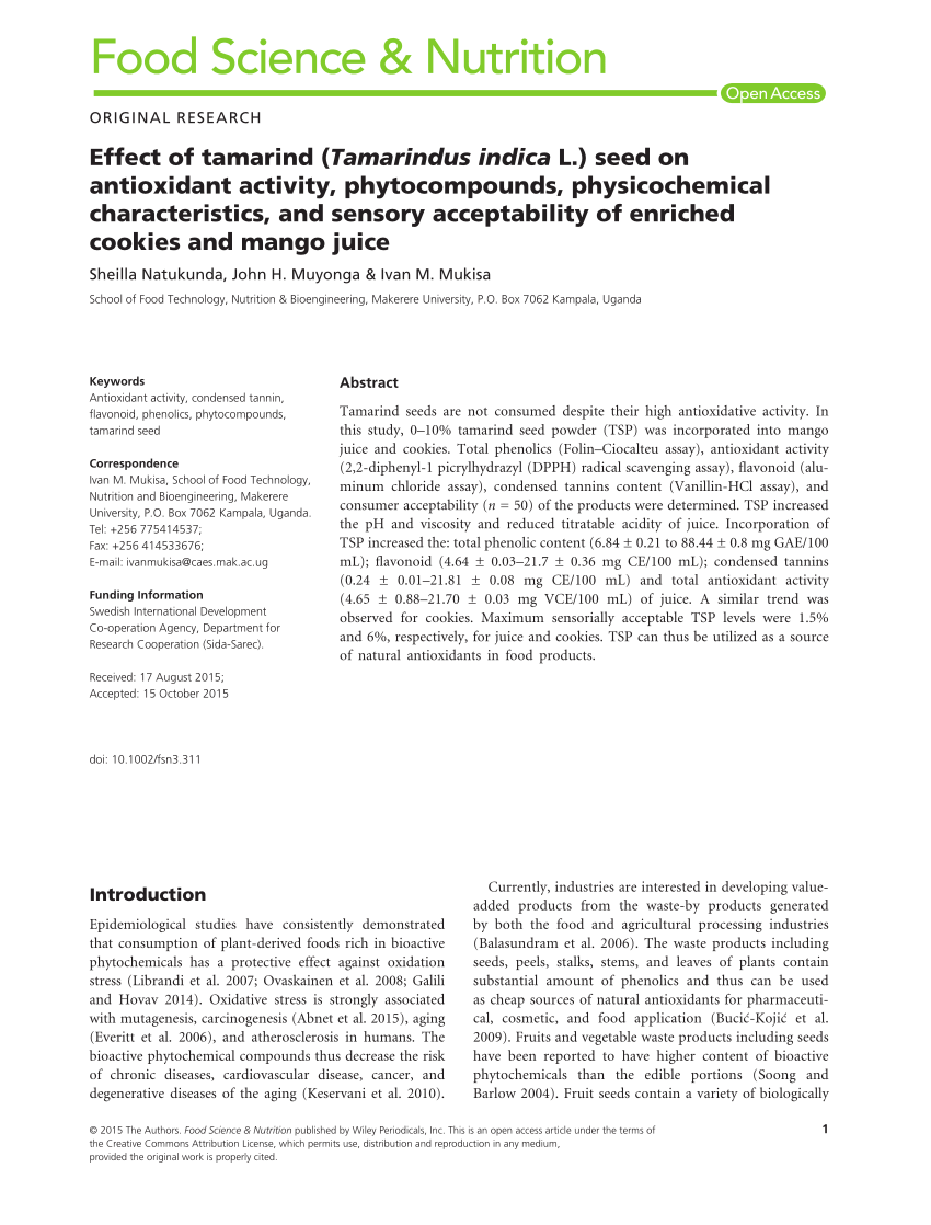 Pdf Effect Of Tamarind Tamarindus Indica L Seed On Antioxidant Activity Phytocompounds Physicochemical Characteristics And Sensory Acceptability Of Enriched Cookies And Mango Juice