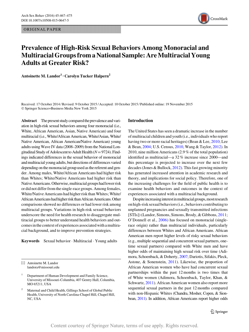 Prevalence Of High Risk Sexual Behaviors Among Monoracial And Multiracial Groups From A National 4973