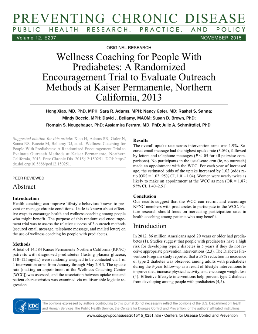 (PDF) Wellness Coaching for People With Prediabetes A Randomized