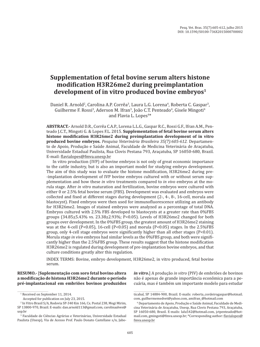 Pdf Supplementation Of Fetal Bovine Serum Alters Histone Modification H3r26me2 During Preimplantation Development Of In Vitro Produced Bovine Embryos