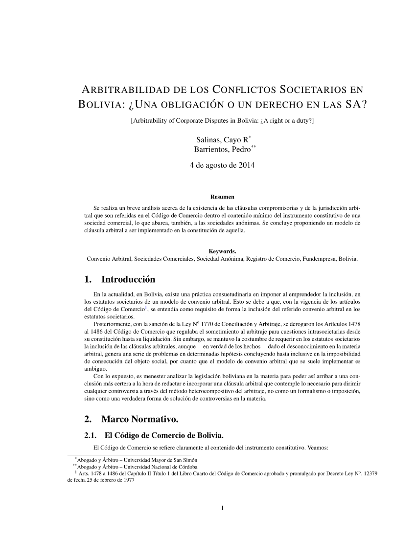 PDF) Arbitrabilidad de los conflictos societarios en Bolivia: ¿Una  obligación o un derecho en las SA? [Arbitrability of Corporate Disputes in  Bolivia: ¿A right or a duty?]