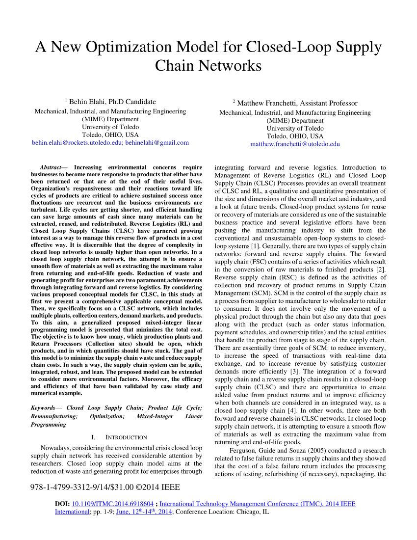 (PDF) A New Optimization Model for ClosedLoop Supply Chain Networks