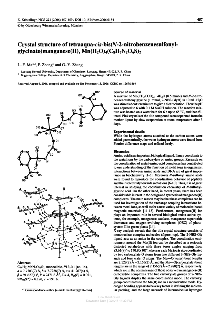 Pdf Crystal Structure Of Tetraaqua Cis Bis N 2 Nitrobenzenesulfonylglycinato Manganese Ii Mn H2o 4 C8h7n2o6s 2