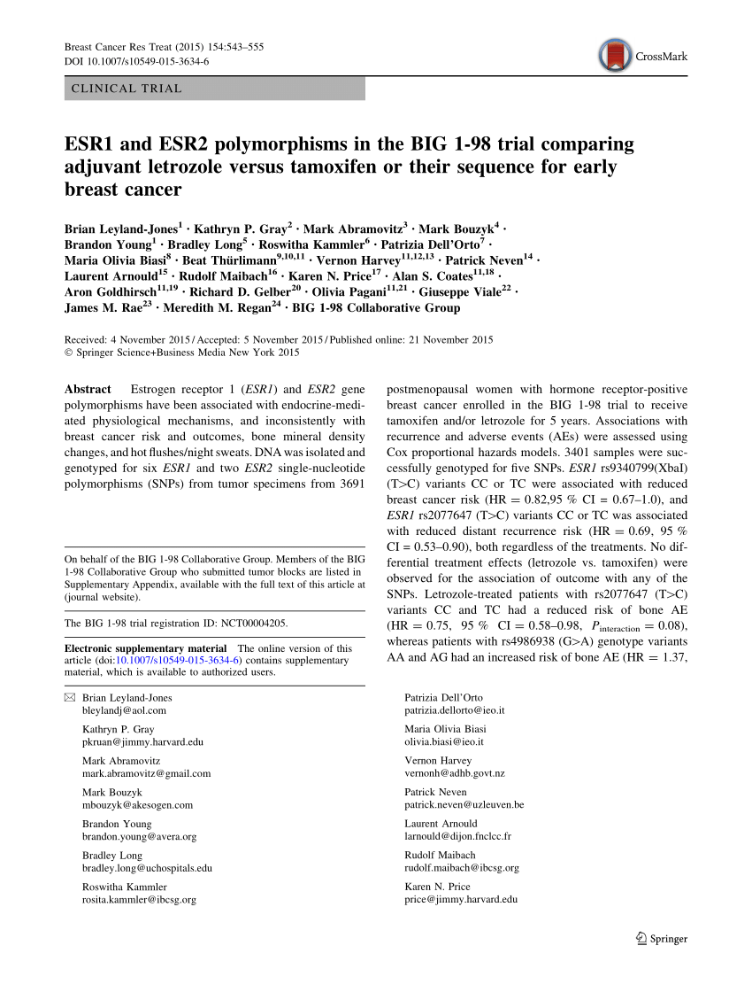 PDF) ESR1 and ESR2 polymorphisms in the BIG 1-98 trial comparing adjuvant  letrozole versus tamoxifen or their sequence for early breast cancer