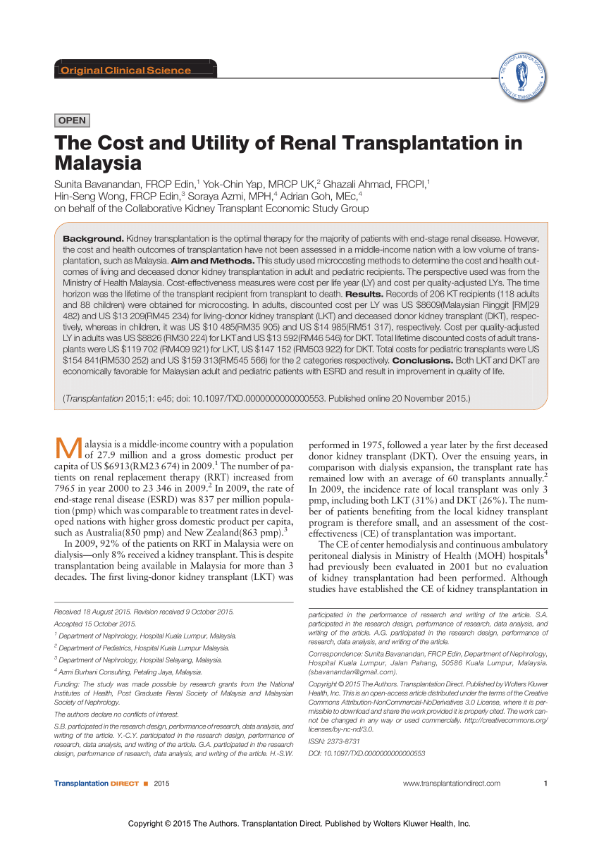 Pdf The Cost And Utility Of Renal Transplantation In Malaysia