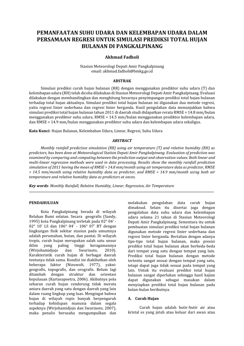 Pdf Pemanfaatan Suhu Udara Dan Kelembaban Udara Dalam Persamaan Regresi Untuk Simulasi Prediksi Total Hujan Bulanan Di Pangkalpinang