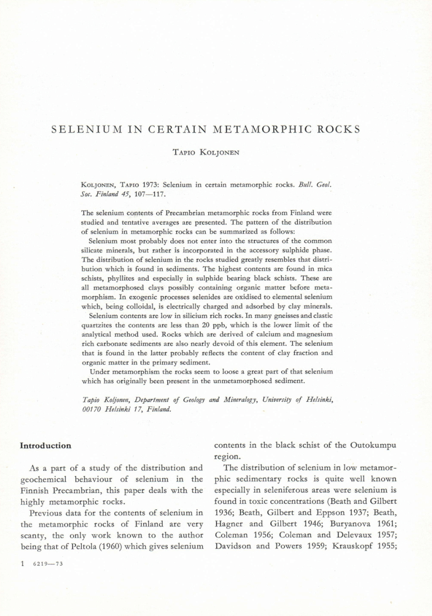 PDF) Selenium in certain metamorphic rocks