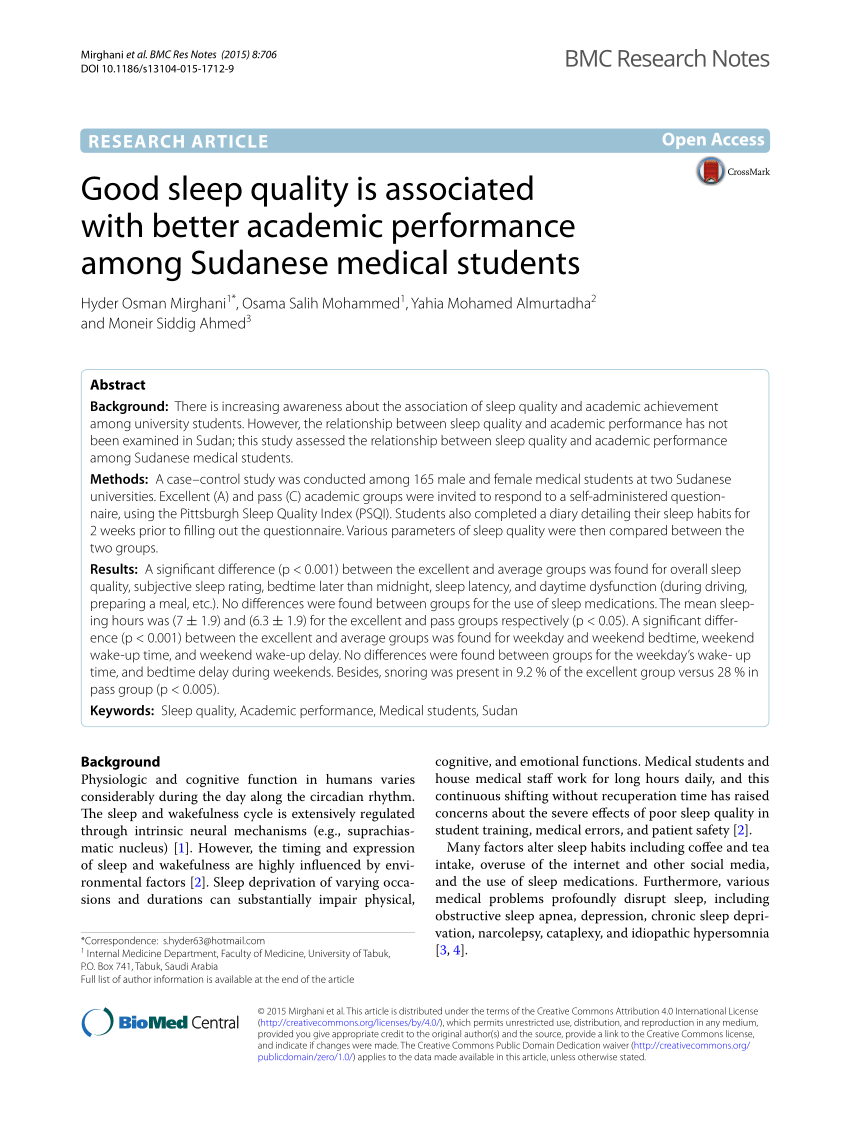 PDF) Good sleep quality is associated with better academic performance  among Sudanese medical students