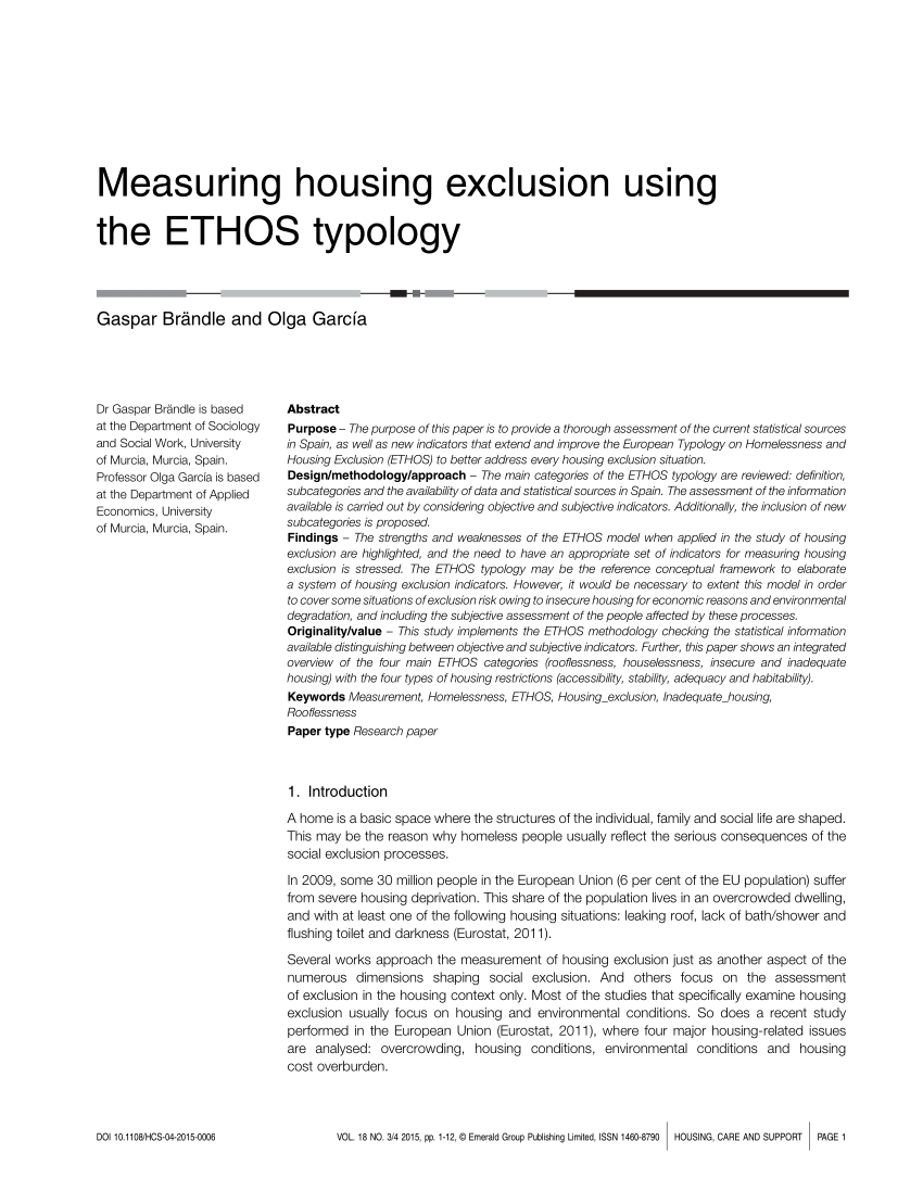 (PDF) Measuring housing exclusion using the ETHOS typology