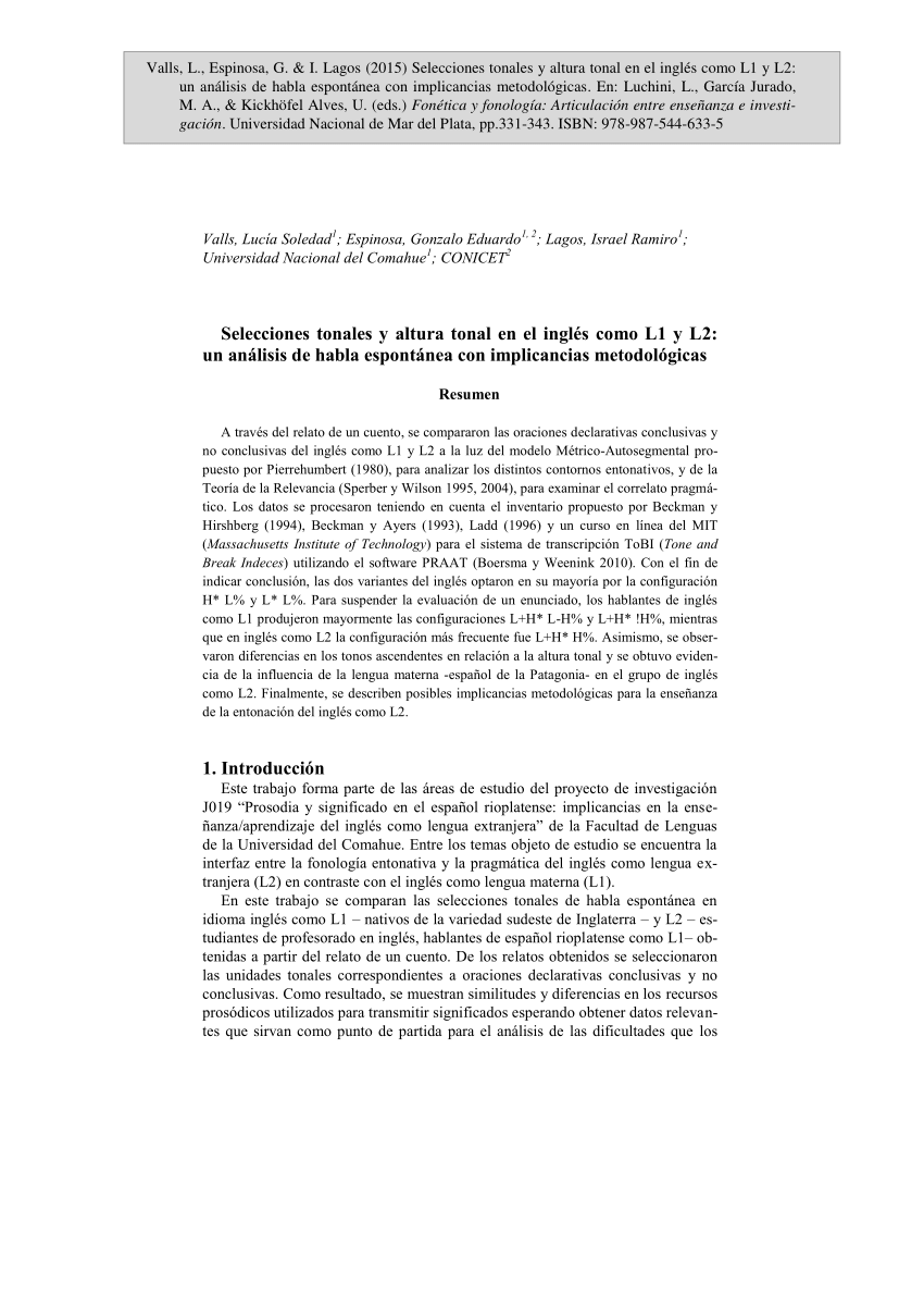 Pdf Selecciones Tonales Y Altura Tonal En El Ingles Como L1 Y L2 Un Analisis De Habla Espontanea Con Implicancias Metodologicas