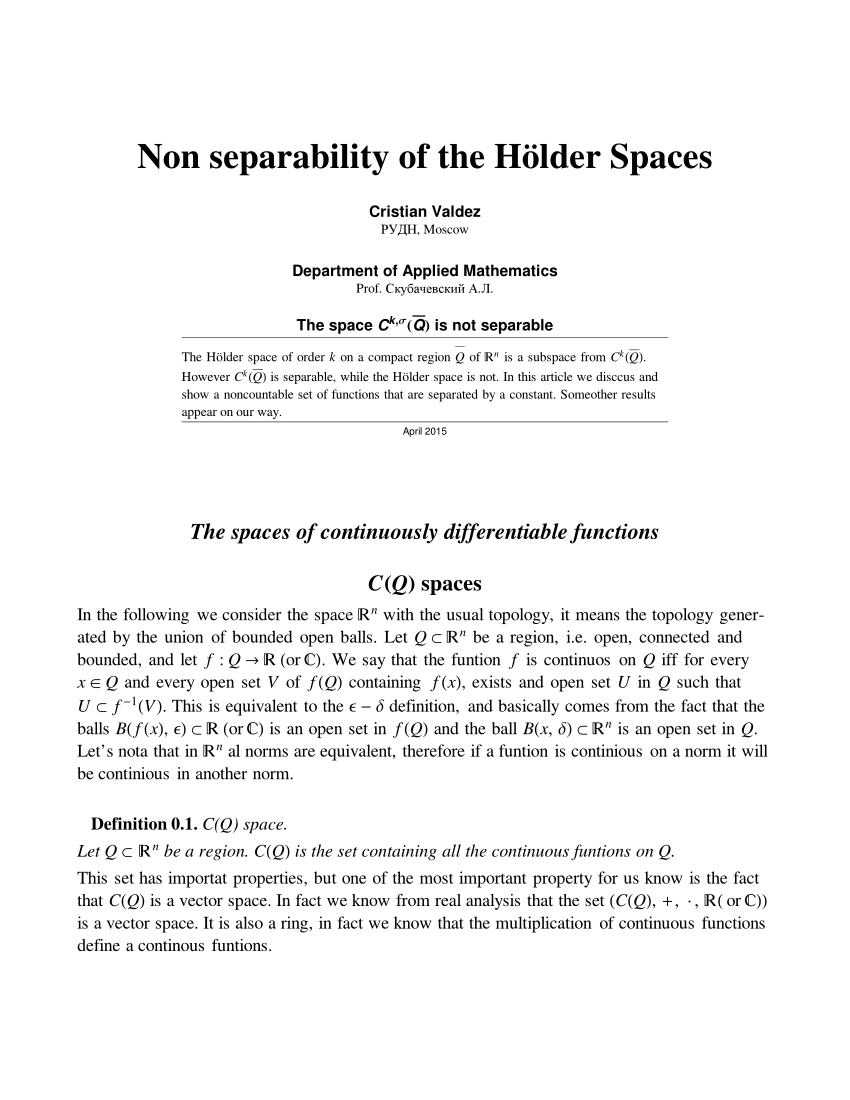 Pdf Non Separability Of The Holder Spaces