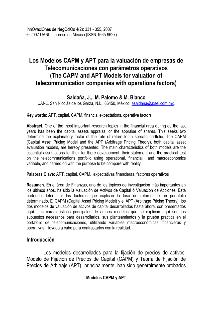 PDF) Los Modelos CAPM y APT para la valuacion de empresas de  Telecomunicaciones con parametros operativos