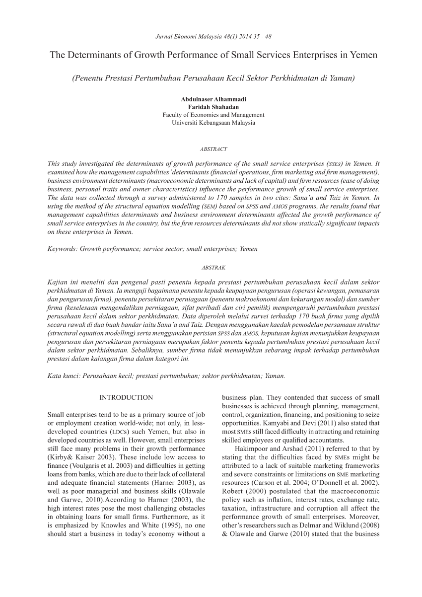 Pdf The Determinants Of Growth Performance Of Small Services Enterprises In Yemen