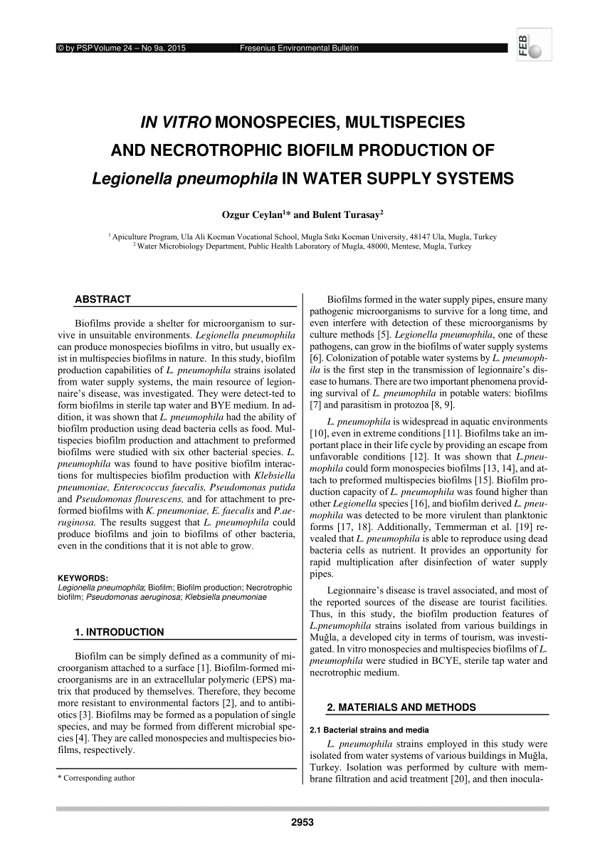 Pdf In Vitro Monospecies Multispecies And Necrotrophic Biofilm Production Of Legionella Pneumophila In Water Supply Systems