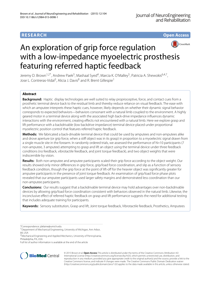 PDF) An exploration of grip force regulation with a low-impedance  myoelectric prosthesis featuring referred haptic feedback