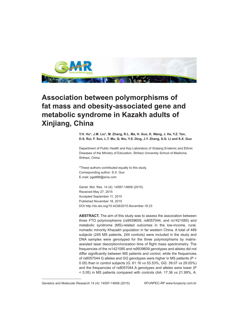 Pdf Association Between Polymorphisms Of Fat Mass And Obesity Associated Gene And Metabolic Syndrome In Kazakh Adults Of Xinjiang China