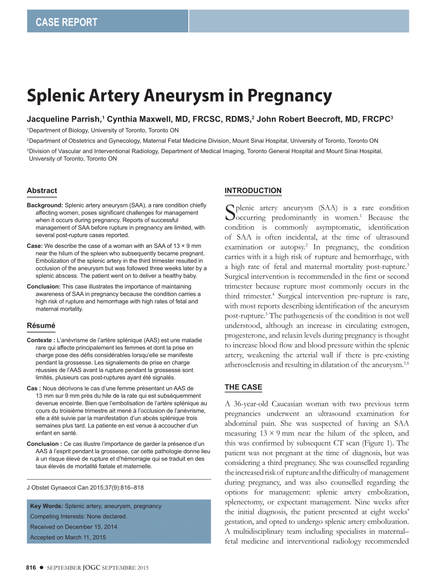 Pdf Splenic Artery Aneurysm In Pregnancy