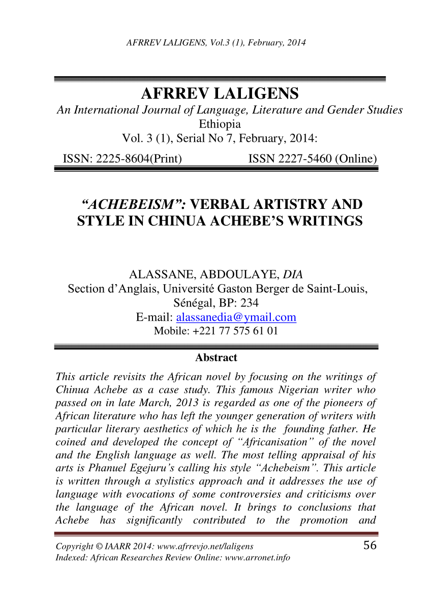 Pdf Achebeism Verbal Artistry And Style In Chinua Achebe S Writings