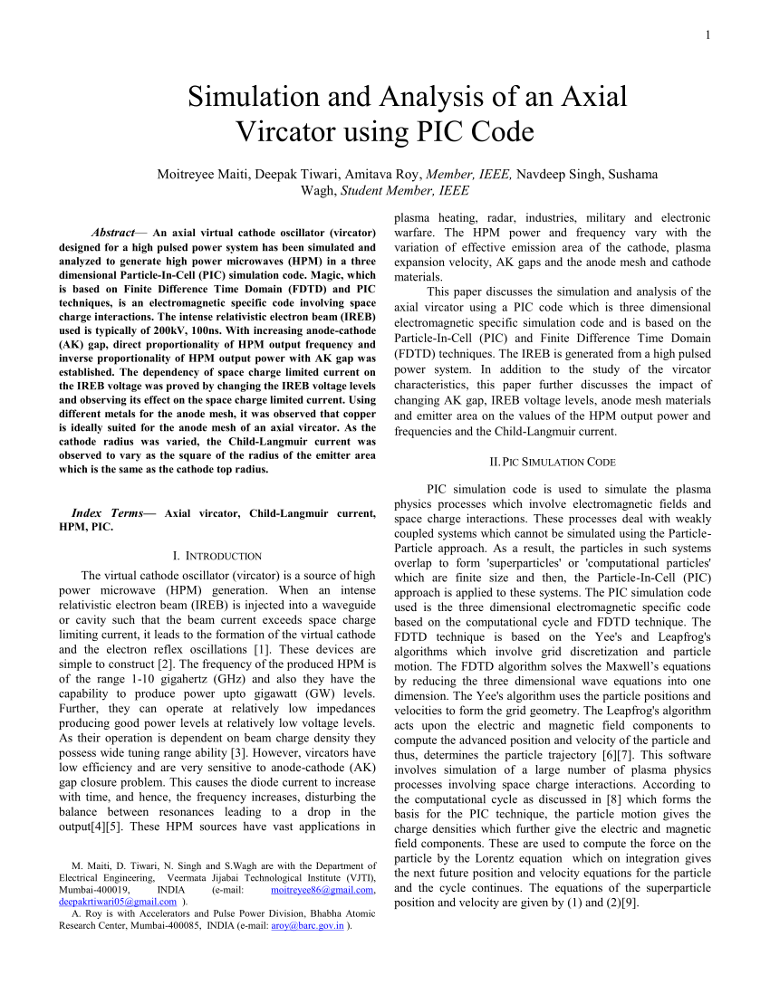 PDF) Simulation and analysis of an axial vircator using PIC code