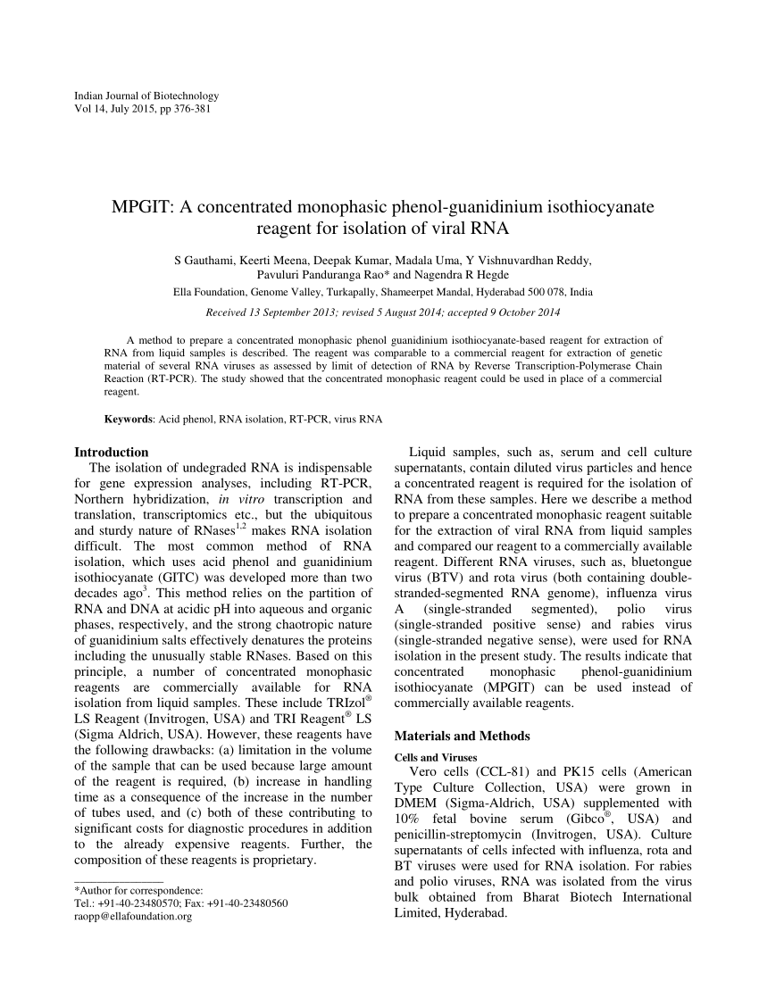 Pdf Mpgit A Concentrated Monophasic Phenol Guanidinium Isothiocyanate Reagent For Isolation Of Viral Rna