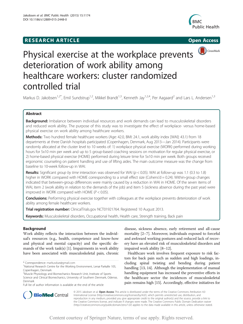 Pdf Physical Exercise At The Workplace Prevents Deterioration Of Work Ability Among Healthcare Workers Cluster Randomized Controlled Trial