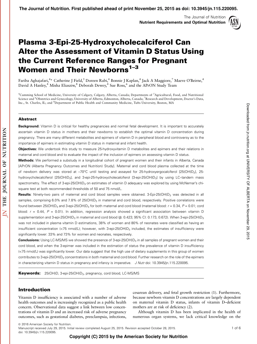 Pdf Plasma 3 Epi 25 Hydroxycholecalciferol Can Alter The Assessment Of Vitamin D Status Using The Current Reference Ranges For Pregnant Women And Their Newborns