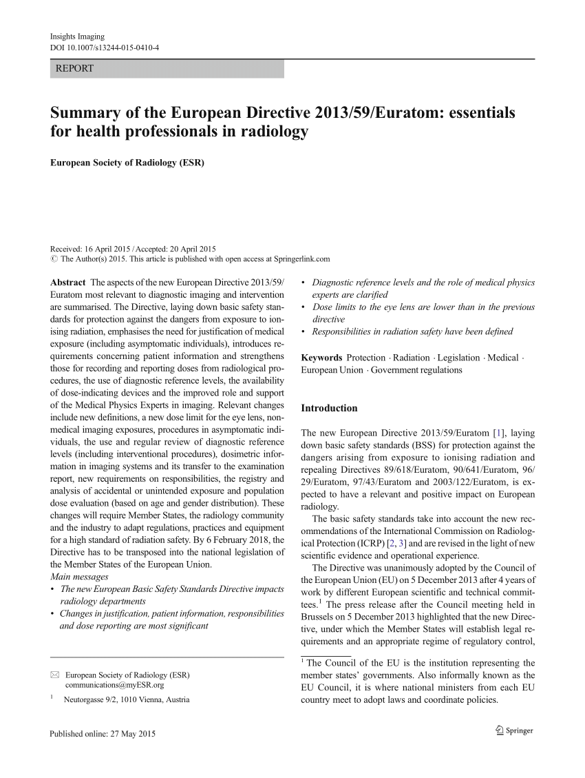 Pdf Summary Of The European Directive 2013 59 Euratom Essentials For Health Professionals In Radiology
