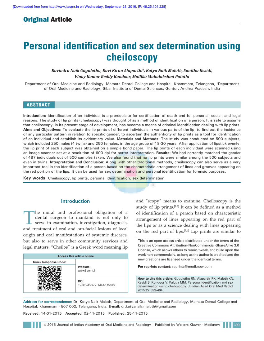 Personal Identification And Sex Determination Using Cheiloscopy Hot