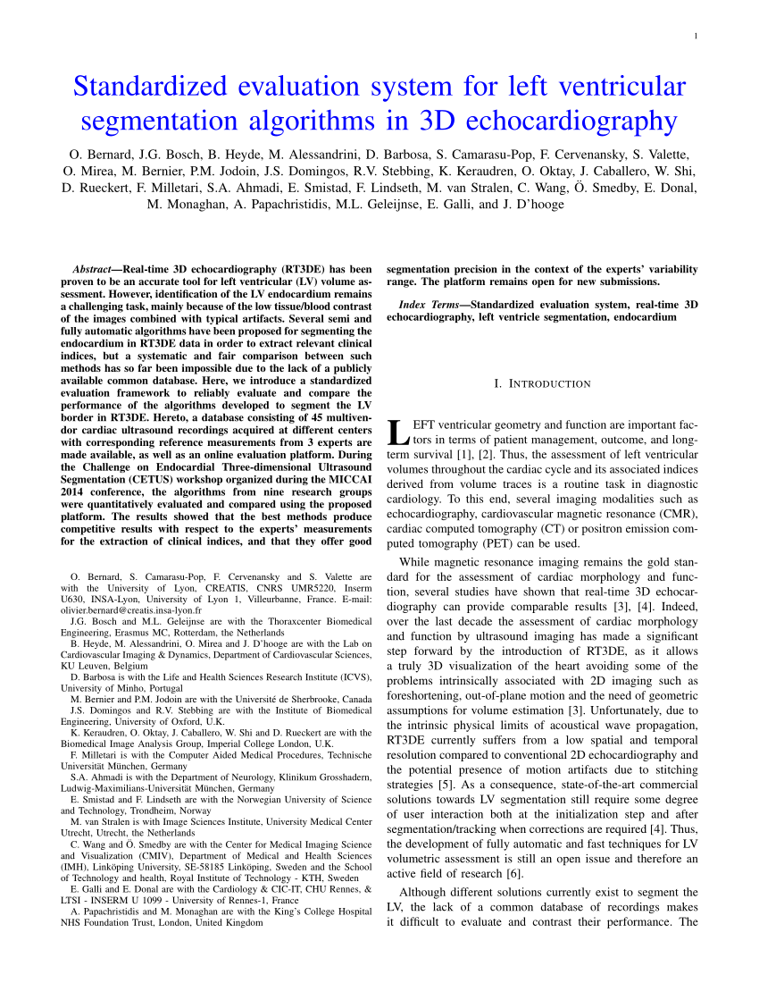 Pdf Standardized Evaluation System For Left Ventricular Segmentation Algorithms In 3d Echocardiography