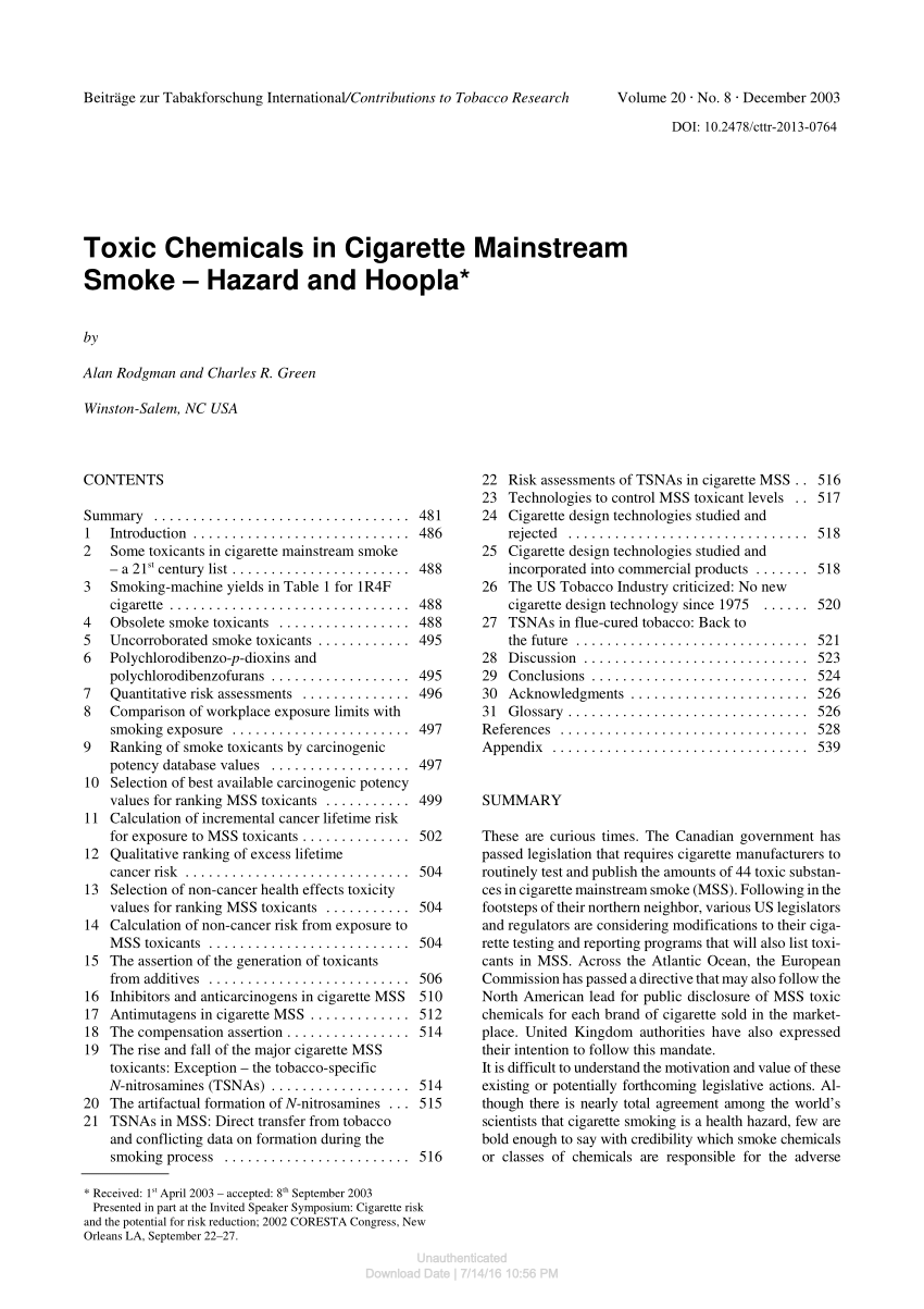Pdf Toxic Chemicals In Cigarette Mainstream Smoke Hazard And Hoopla