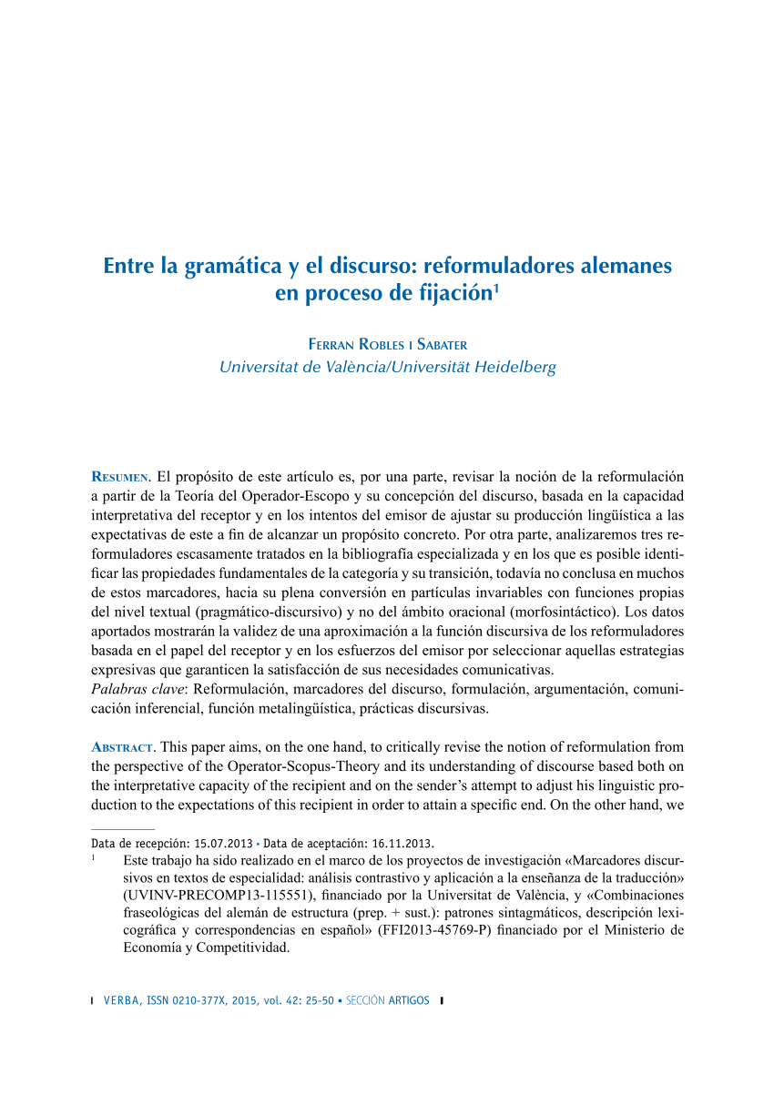 Pdf Entre La Gramatica Y El Discurso Reformuladores Alemanes En Proceso De Fijacion