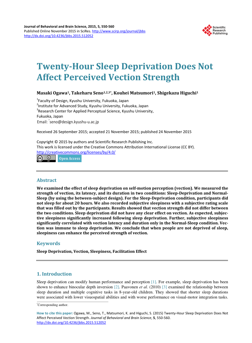 Pdf Twenty Hour Sleep Deprivation Does Not Affect Perceived Vection Strength