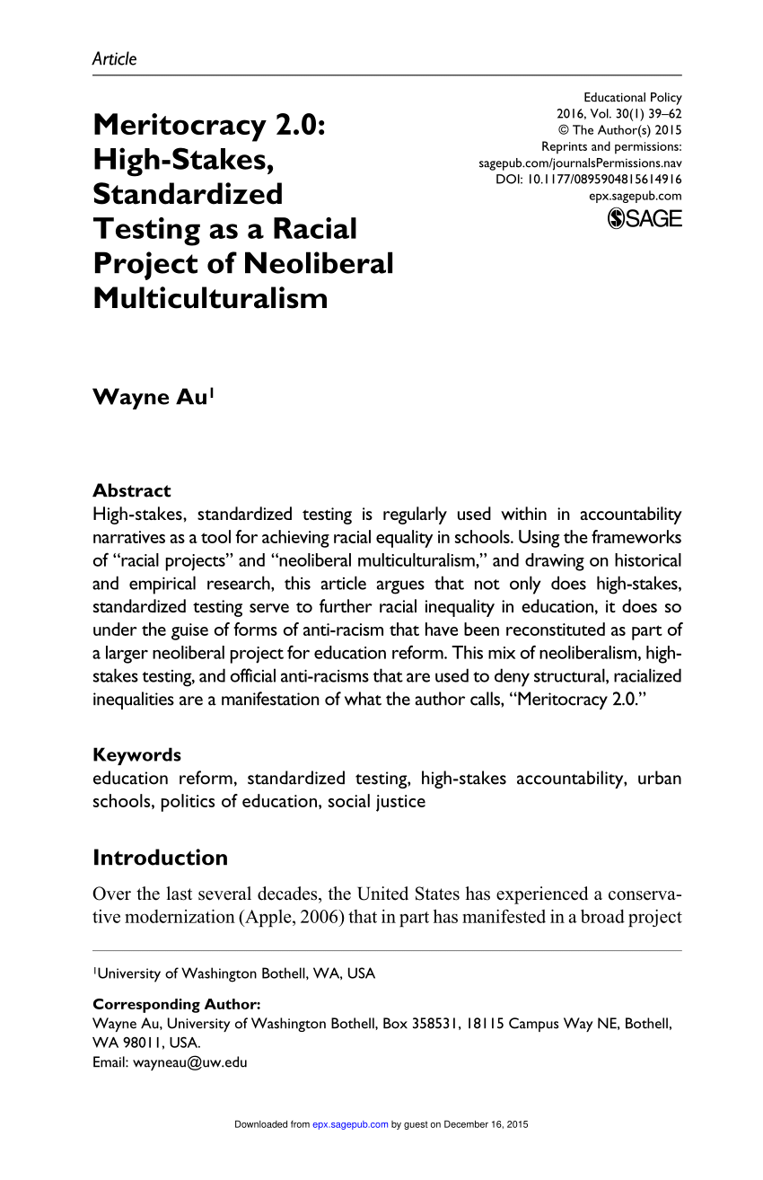 Pdf Meritocracy 2 0 High Stakes Standardized Testing As A Racial Project Of Neoliberal Multiculturalism