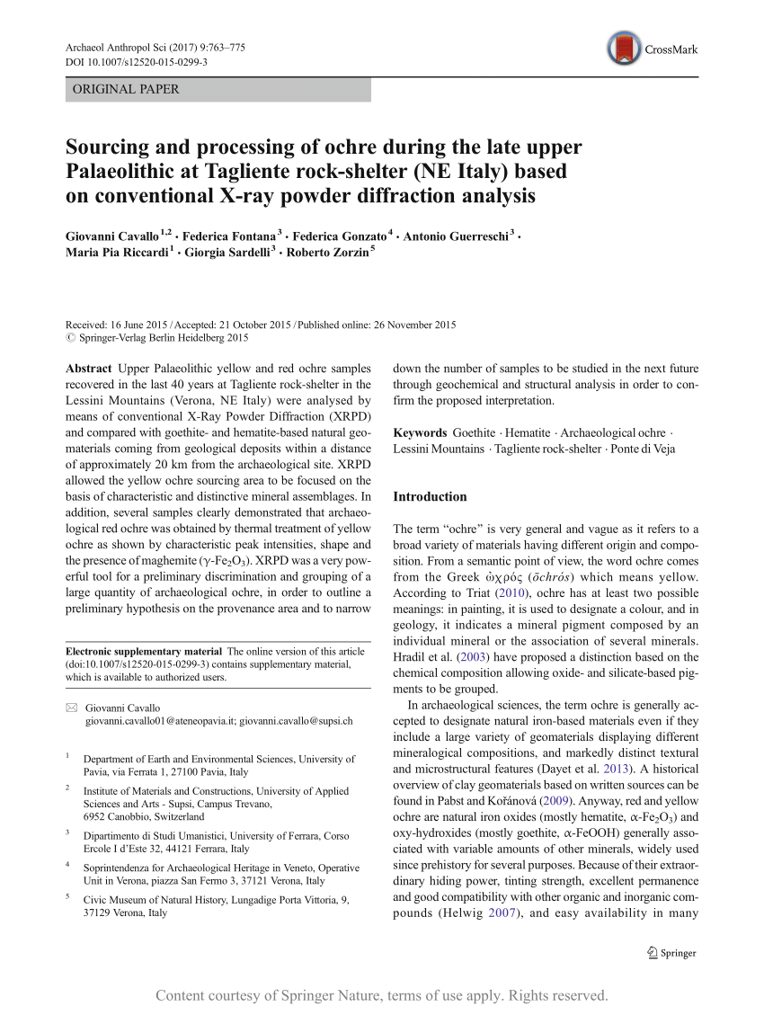 Sourcing and processing of ochre during the Late Upper Palaeolithic at  Tagliente Rock-shelter (NE Italy) based on conventional X-ray powder  diffraction analysis