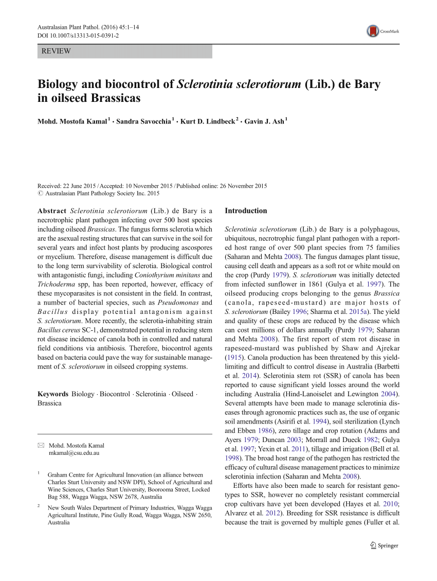 Pdf Biology And Biocontrol Of Sclerotinia Sclerotiorum Lib