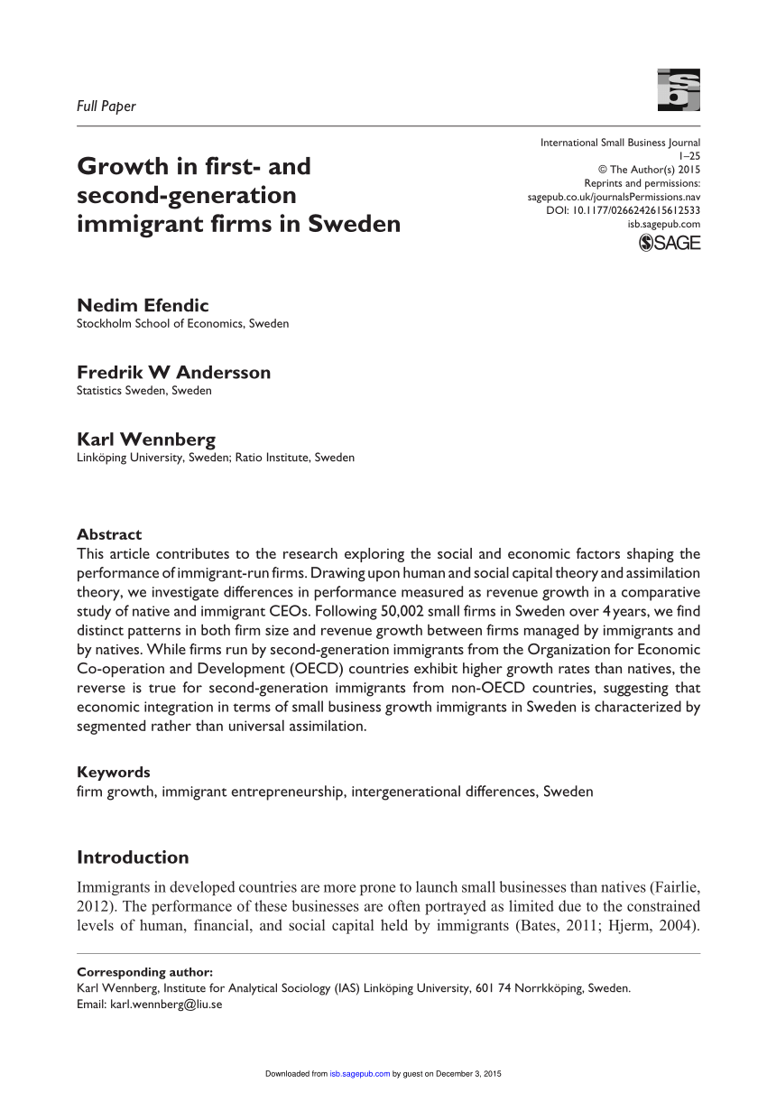 Pdf Growth In First And Second Generation Immigrant Firms In Sweden