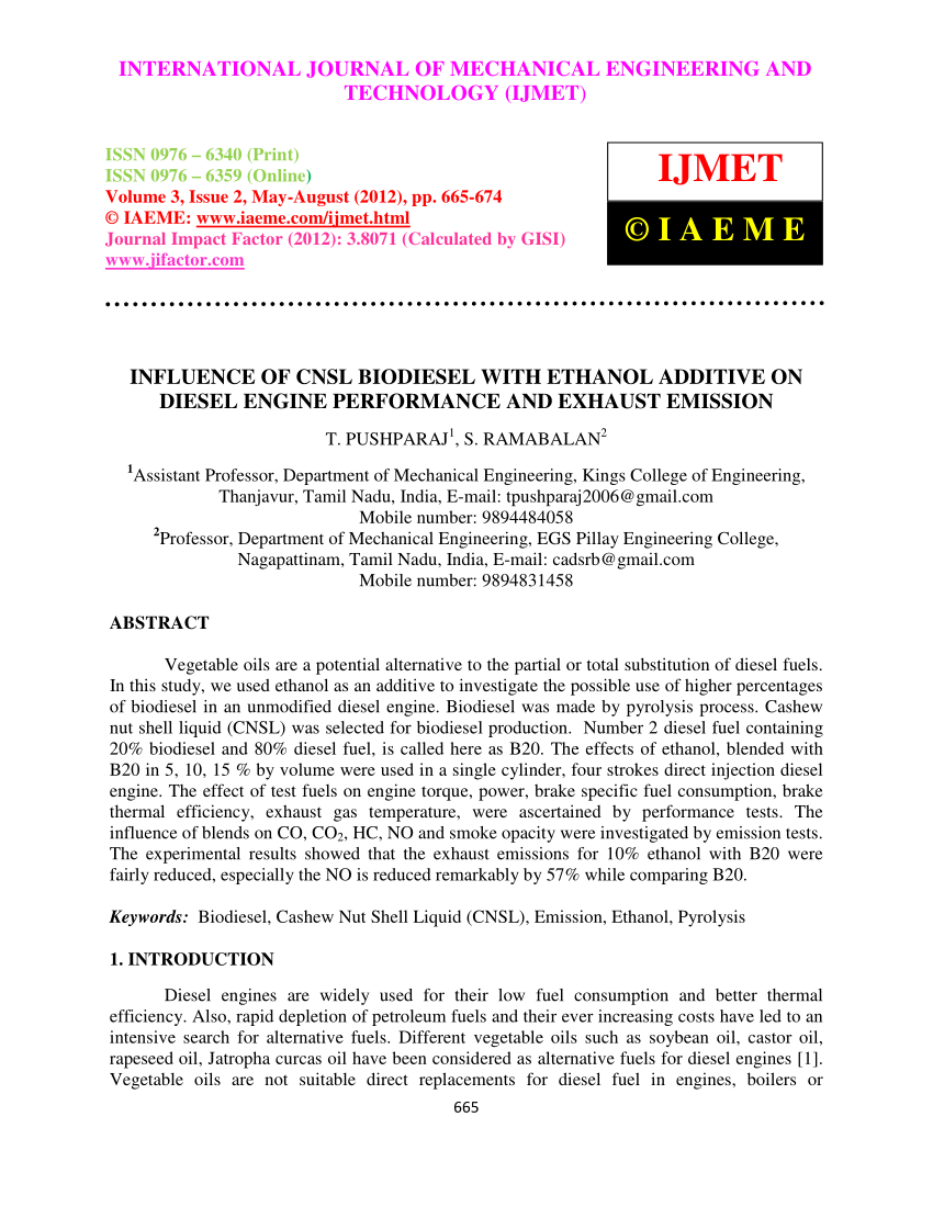 Pdf Influence Of Cnsl Biodiesel With Ethanol Additive On Diesel Engine Performance And Exhaust Emission