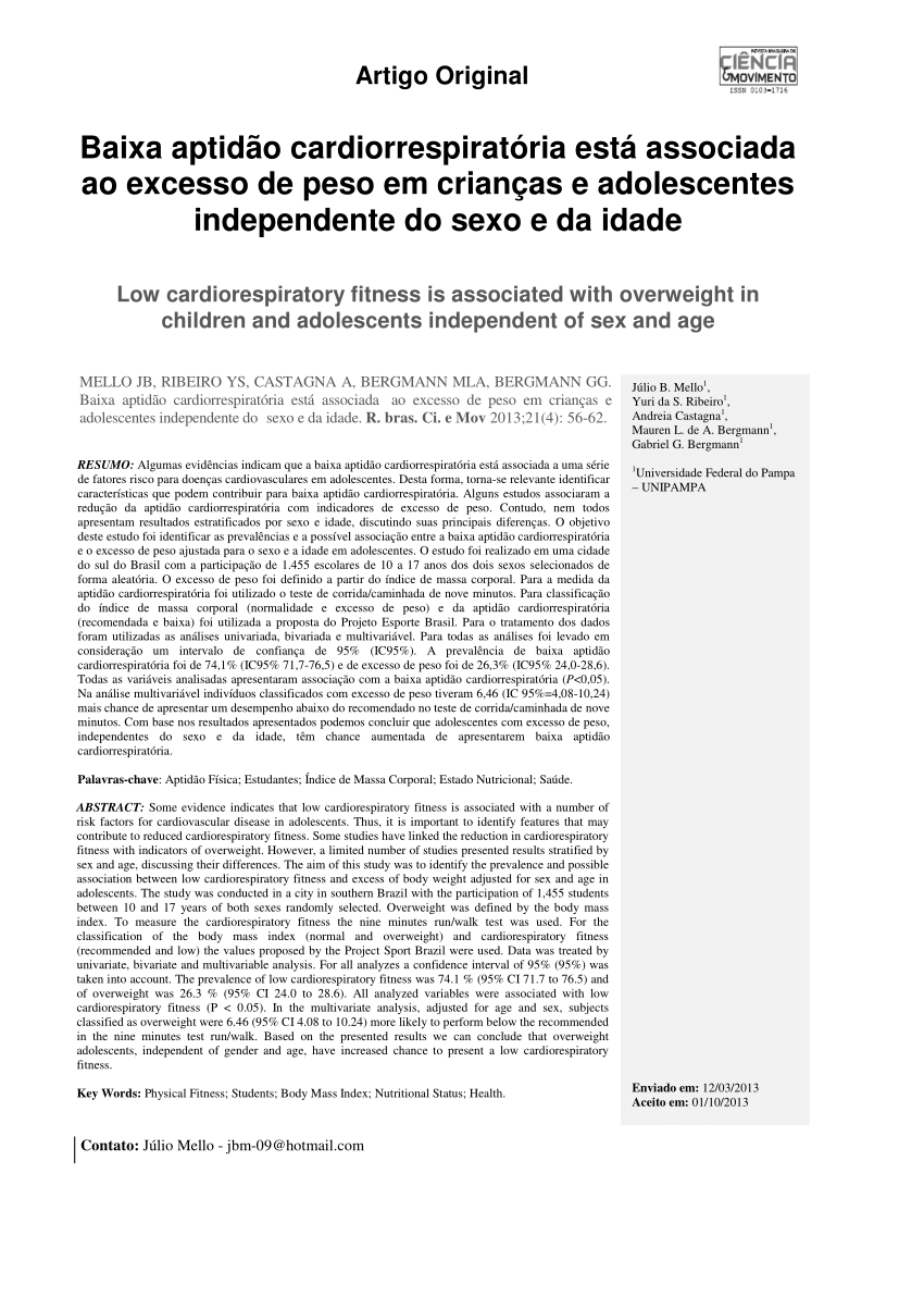 PDF Baixa Aptidão Cardiorrespiratória está Associada ao Excesso  