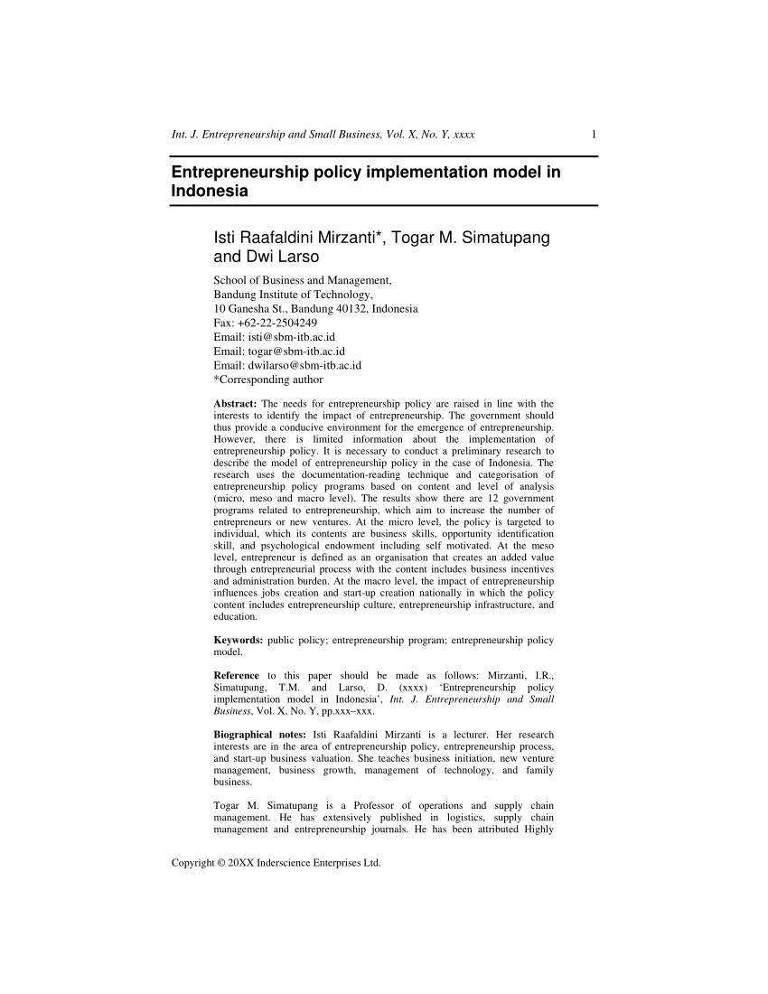 PDF) Entrepreneurship policy implementation model in Indonesia