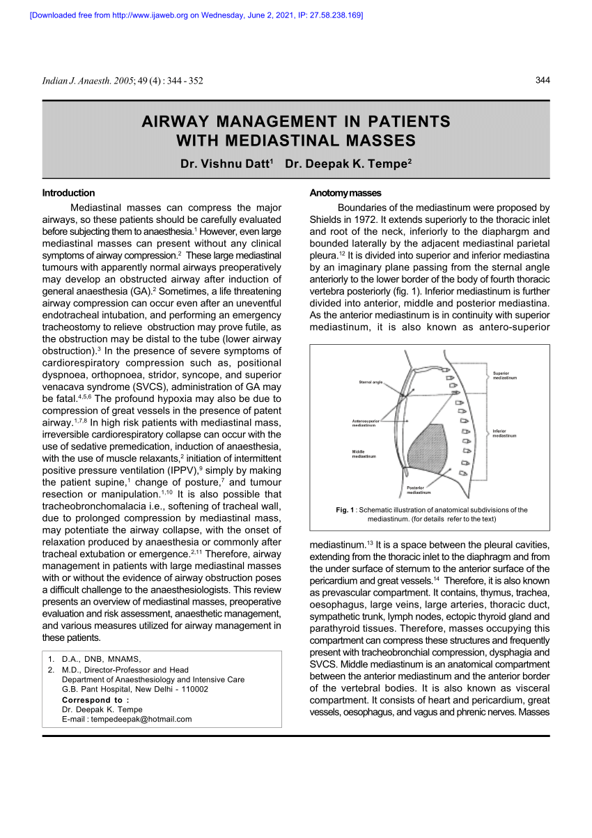 Pdf Airway Management In Patients With Mediastinal Masses