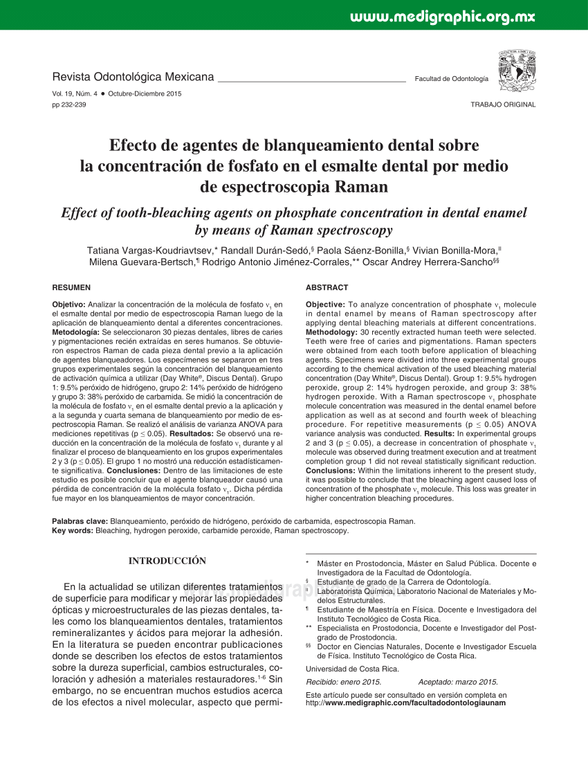 PDF) Efecto de agentes de blanqueamiento dental sobre la concentración de  fosfato en el esmalte dental por medio de espectroscopia Raman