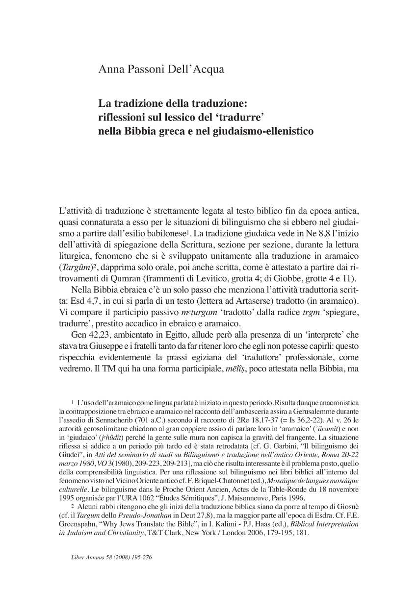 Pdf La Tradizione Della Traduzione Riflessioni Sul Lessico Del Tradurre Nella Bibbia Greca E Nel Giudaismo Ellenistico